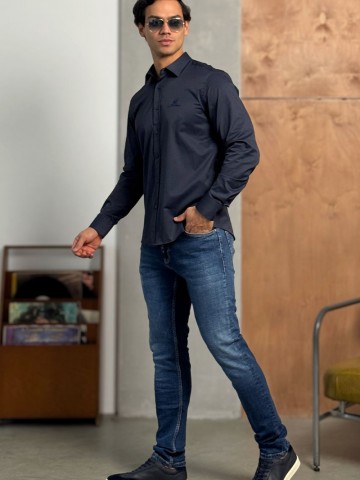 Мужская тёмно-синяя рубашка Loro Piana logo-embroidered