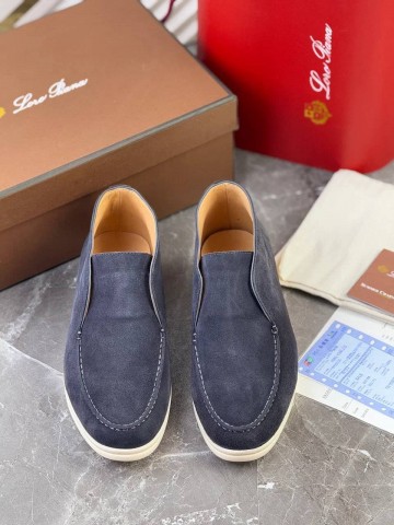 Замшевые лоферы с меховой стелькой Loro Piana Open Walk - Navy