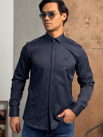 Мужская тёмно-синяя рубашка Loro Piana logo-embroidered